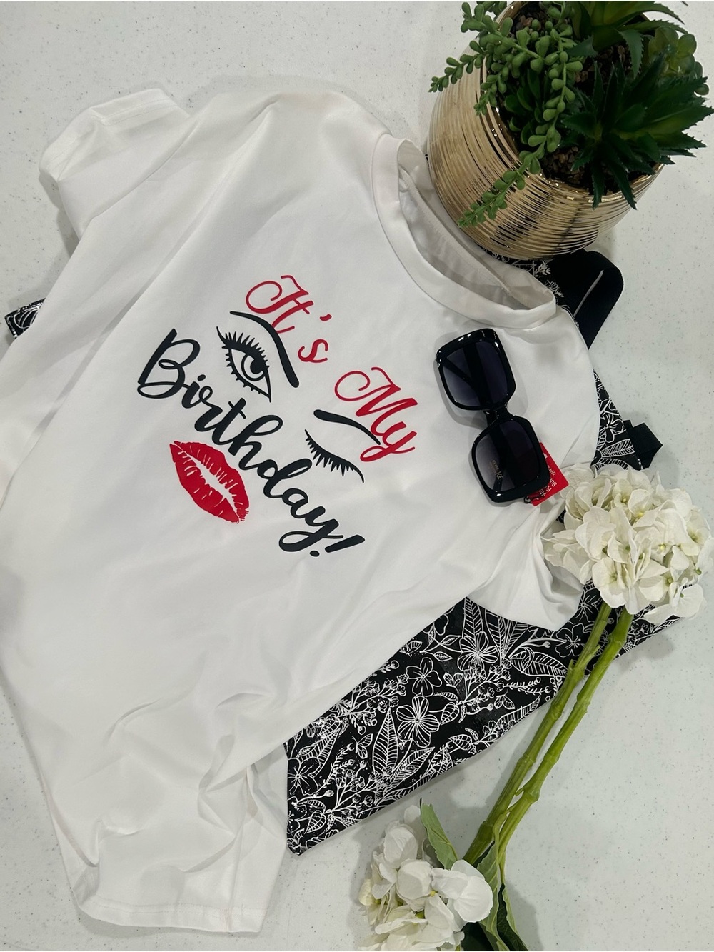 Women White 'It's My Birthday' Graphic Tee with Red Accent & pair of sunglasses